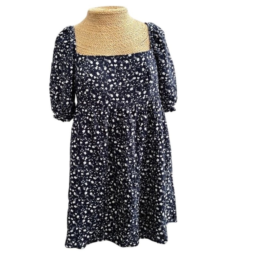 Francesca's Women's Small Puff Sleeve‎ Floral Navy Blue Mini Dress Cottagecore